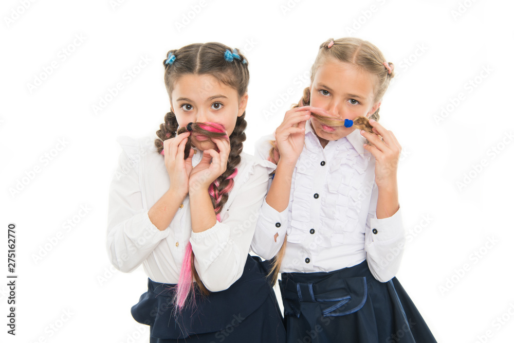 Fancy style. Little girls with braids ready for school. School fashion concept. School friendship. On same wave. Schoolgirls wear formal school uniform. Children beautiful girls long braided hair Fancy style. Little girls with braids ready for school. School fashion concept. School friendship. On same wave. Schoolgirls wear formal school uniform. Children beautiful girls long braided hair