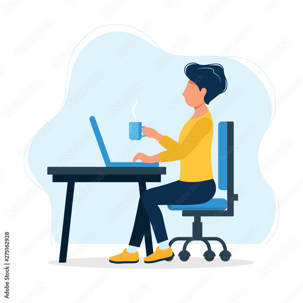 Office work concept illustration with happy man office worker sitting at  the table. Happy worker. Vector illustration in flat style  Stock-Vektorgrafik | Adobe Stock