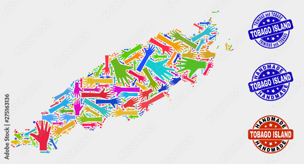 Vector handmade composition of Tobago Island map and unclean watermarks. Mosaic Tobago Island map is designed of scattered bright colorful hands. Rounded watermarks with unclean rubber texture. Vector handmade composition of Tobago Island map and unclean watermarks. Mosaic Tobago Island map is designed of scattered bright colorful hands. Rounded watermarks with unclean rubber texture.