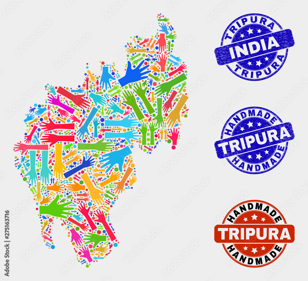Vector handmade collage of Tripura State map and unclean watermarks. Mosaic Tripura State map is made with randomized bright colorful hands. Rounded watermarks with unclean rubber texture. Vector handmade collage of Tripura State map and unclean watermarks. Mosaic Tripura State map is made with randomized bright colorful hands. Rounded watermarks with unclean rubber texture.