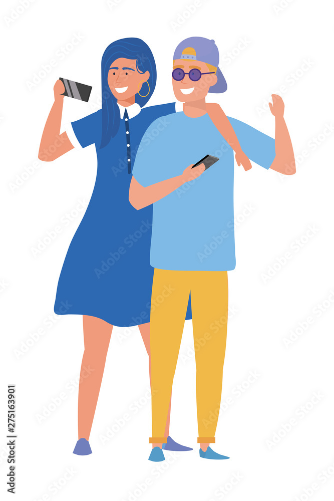 Couple of woman and man with smartphone design Couple of woman and man with smartphone design