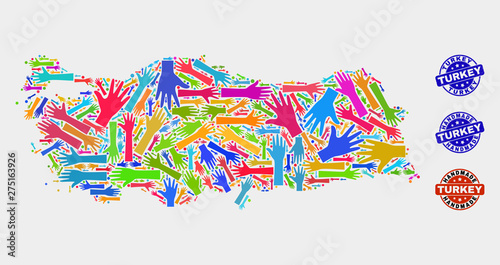 Vector handmade collage of Turkey map and rubber stamp seals. Mosaic Turkey map is organized with scattered bright colorful hands. Rounded watermarks with unclean rubber texture.