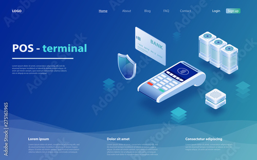 Online and mobile payments. POS terminal for contactless pay. Concept mobile payment, personal data protection. 