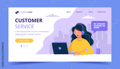 Customer service landing page. Woman with headphones and microphone with computer. Concept illustration for support, assistance, call center. Vector illustration in flat style