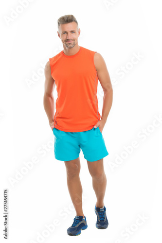Guy sport outfit. Fashion concept. Man model clothes shop. Sport style. Menswear and fashionable clothing. Man calm face posing confidently white background. Man handsome in shirt and shorts