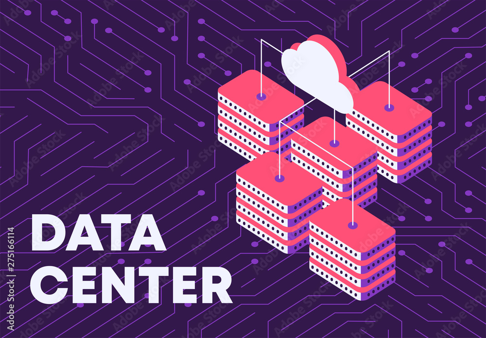 vector illustration of a data center, a database of electronic data on a virtual cloud, the template system
