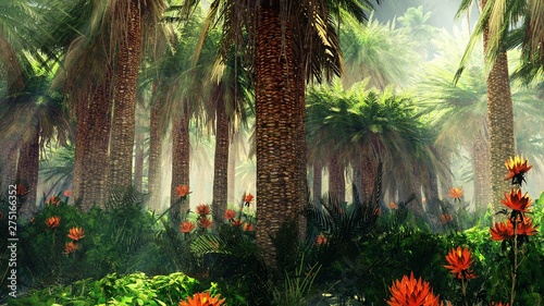 Fototapeta Naklejka Na Ścianę i Meble -  Blooming jungle in the fog, flowers among palm trees, palm trees in the fog