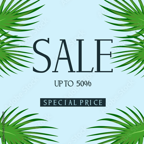 Tropical green palm leaves. 50% Sale banner template design. Big sale special offer. Tropical Special offer banner for poster, flyer, brochure, sticker. Vector illustration.