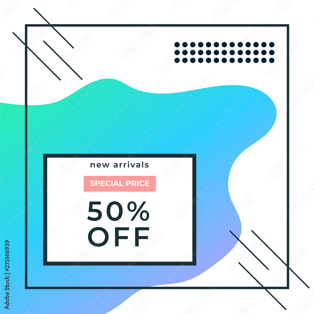 Naklejka premium Abstract minimalistic modern 50% blue Sale banner template design. Big sale special offer. Minimalistic Special offer banner for poster, flyer, brochure, sticker. Vector illustration.
