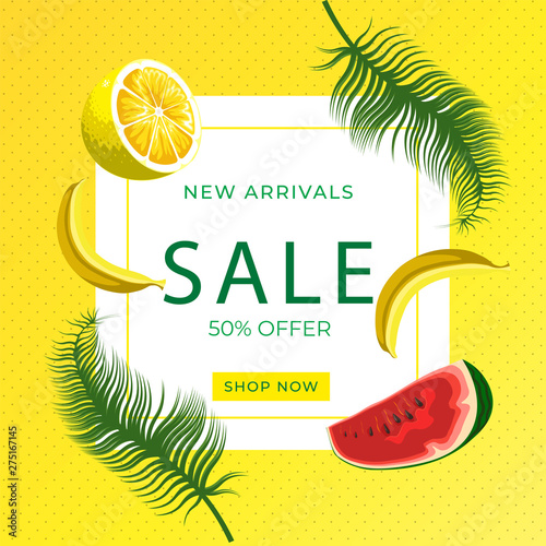 Watermelon slice, lemon slice, banana fruits on yellow dotted background. Sale banner template design. Summer 50% Big sale special offer poster, flyer, brochure, sticker. Vector illustration.