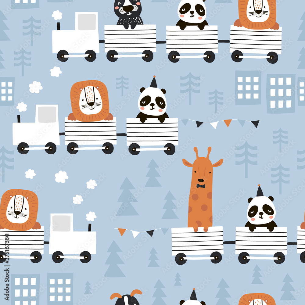 Fotobehang Dieren in transport Naadloos patroon voor kinderen met schattige dieren die op de trein rijden in de Scandinavische stijl. Creatieve vector kinderachtige achtergrond voor stof, textiel #275167380