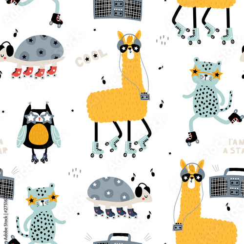 Seamless childish pattern with funny llamas, leopards,owl, turtle on roller skates . Creative scandinavian kids texture for fabric, wrapping, textile, wallpaper, apparel. Vector illustration