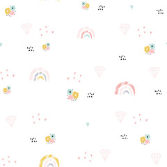 Fotobehang Uit de natuur patronen Minimalistisch patroon regenbogen en bloemen  © solodkayamari