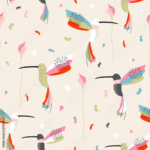 Seamless childish pattern with collibri and abstract shapes. Creative scandinavian style kids texture for fabric, wrapping, textile, wallpaper, apparel. Vector illustration
