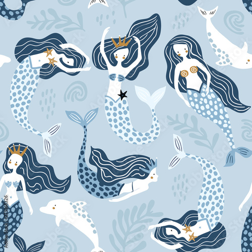 Seamless pattern with creative mermaids with dolphins . Creative undersea childish texture. Great for fabric, textile Vector Illustration © solodkayamari