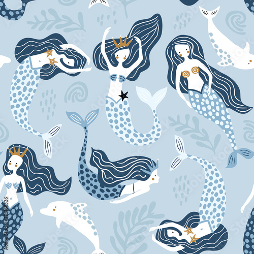 Seamless pattern with creative mermaids with dolphins . Creative undersea childish texture. Great for fabric, textile Vector Illustration