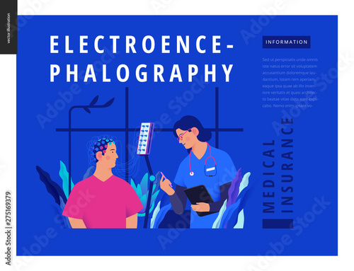 Medical tests template Blue - EEG - electroencephalography - modern flat vector concept digital illustration of encephalography procedure - a patient with head electrodes and doctor in medical office