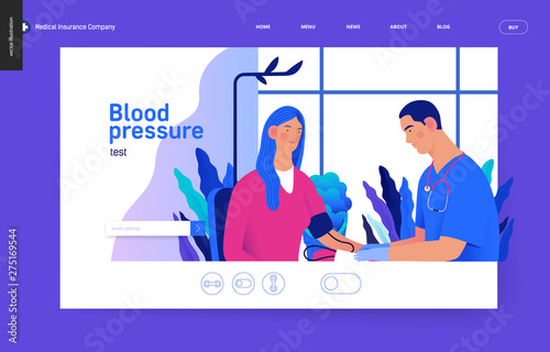 Medical tests Blue - blood pressure test - modern flat vector concept digital illustration of blood pressure measurement procedure - a patient and doctor with a meter, medical office or laboratory