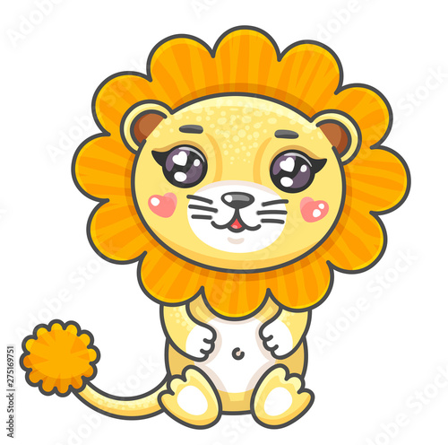 Fototapeta Naklejka Na Ścianę i Meble -  Cute lion cartoon vector illustration. Smiling baby animal lion in kawaii style isolated on white background.