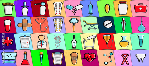 Vector illustration set of medical items icons drugs medications flasks stethoscopes microscopes tablets thermometers medical equipment scientific. Concept  healthcare  medicine  pharmacology
