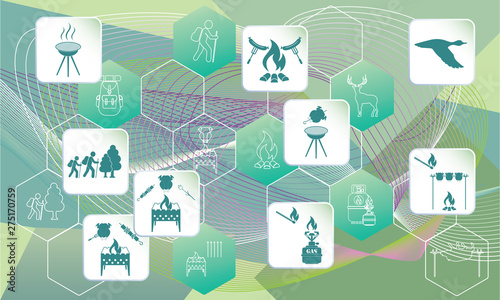 Poster with Set of travel and camping equipment icons