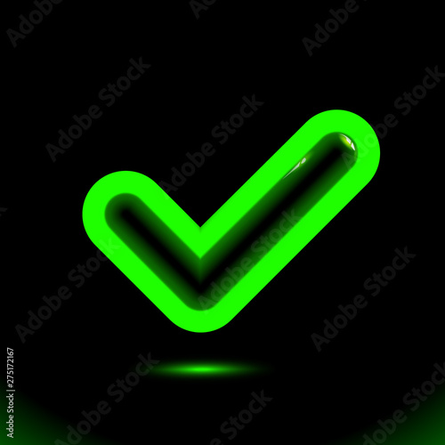 Luminescent green checkmark icon, tick symbol. Modern ornamental ui element. Design for presentation or dark ad fluorescent banner, black background. Vector luminous illumination ad, illustration
