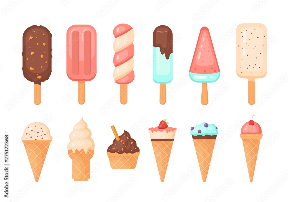 Colorful ice cream popsicle and waffle cones collection, vector illustration. Ice-cream scoops with different toppings. Colorful ice cream popsicle and waffle cones collection, vector illustration. Ice-cream scoops with different toppings.