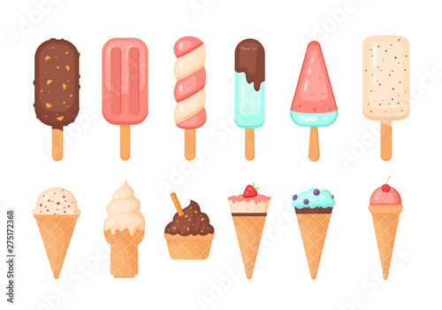 Colorful ice cream popsicle and waffle cones collection, vector illustration. Ice-cream scoops with different toppings.