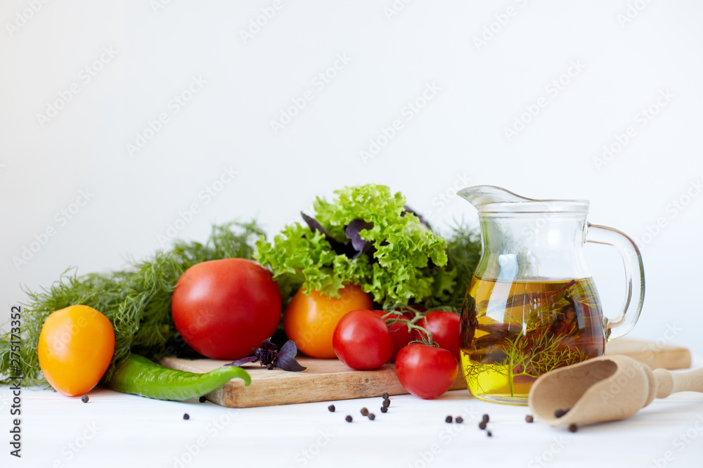Composition with vegetables and spices on a table on a white background Composition with vegetables and spices on a table on a white background