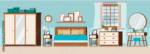 Cozy bedroom interior background with furniture and window with winter landscape scene. Wardrobe, bed, pillows, nightstands, chest of drawers, mirror, dressing table. Flat cartoon vector illustration.