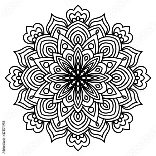 Black outline flower mandala. Vintage decorative element. Ornamental round doodle flower isolated on white background. Geometric circle element. Vector illustration.
