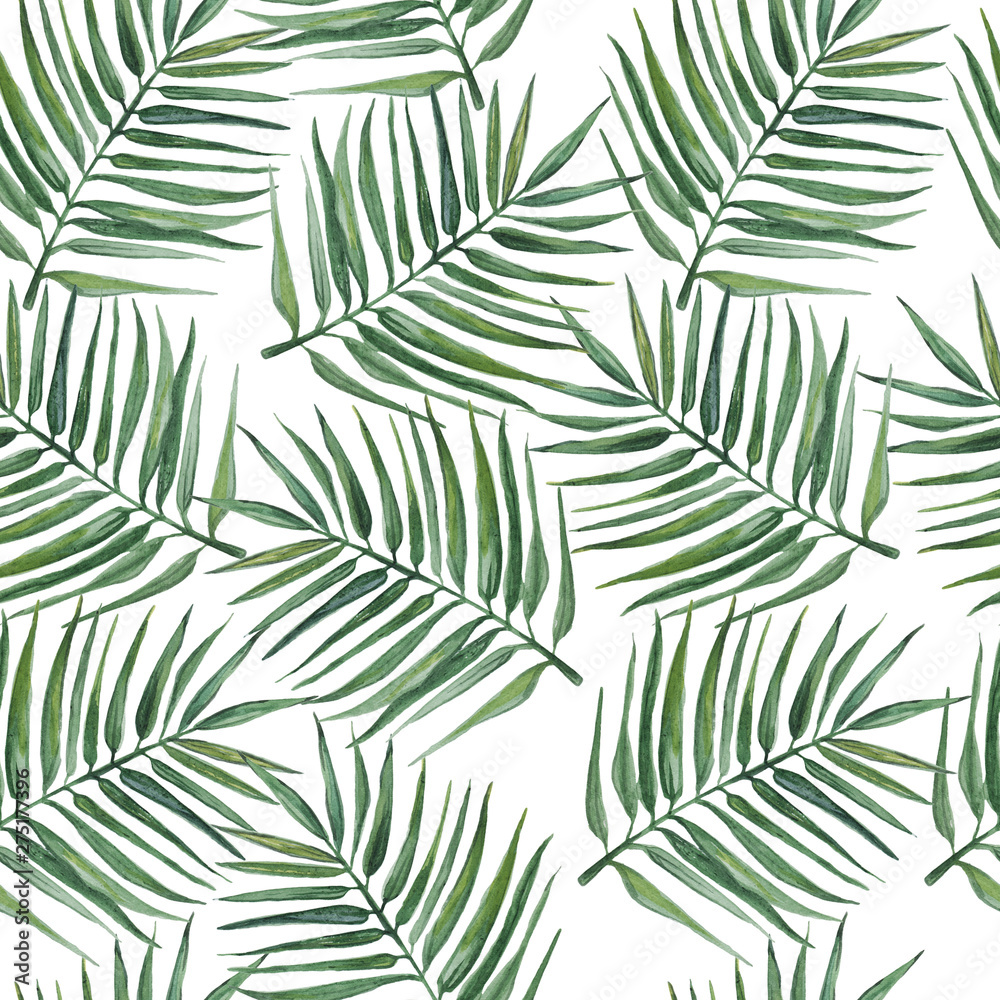 Seamless pattern with palm leaves. Watercolor illustration.