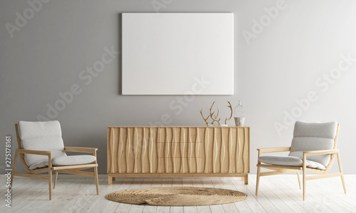 Minimal idea Scandinavian interior with mock up poster on background, 3d illustration