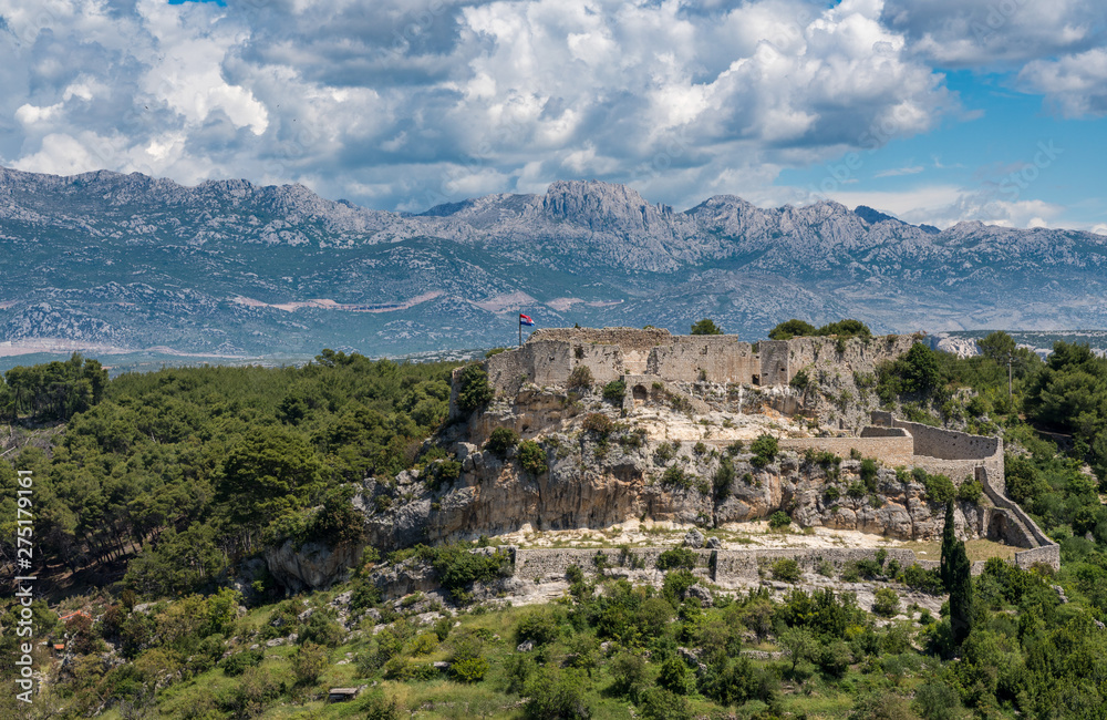 Ruins of old Venetian fort above the coastal town of Novigrad in Croatia