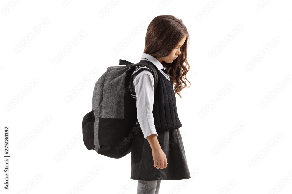 Sad little schoolgirl with a backpack Sad little schoolgirl with a backpack