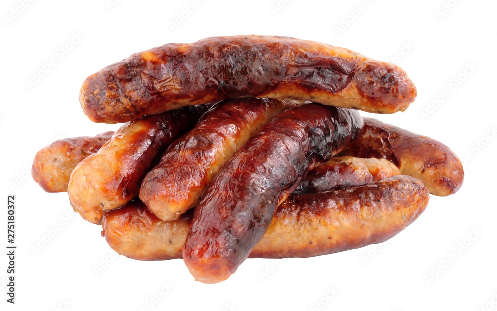 Group of grilled chipolata sausages isolated on a white background Group of grilled chipolata sausages isolated on a white background