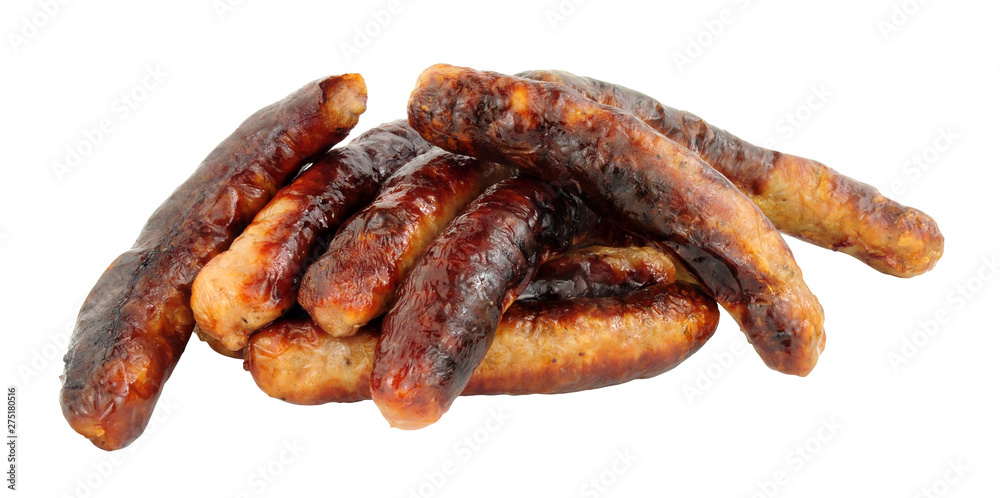 Group of grilled chipolata sausages isolated on a white background Group of grilled chipolata sausages isolated on a white background