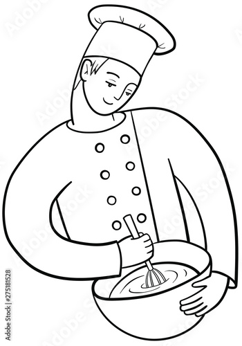 Happy cook holds a cooking utensil and a whisk. Pastry-cook in chef uniform and cap at work. Vector outline illustration drawings on a white background