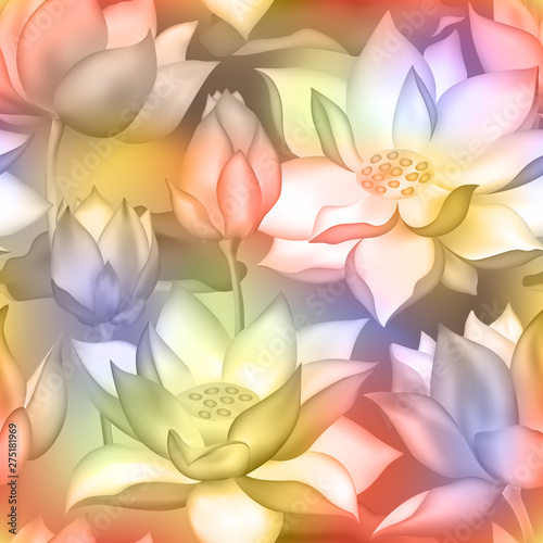 Lotus buds and flowers seamless fabric print., Water lilly nelumbo aquatic plant floral graphic design.