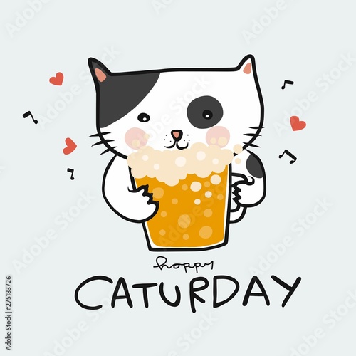 Happy Caturday cat with beer cartoon doodle vector illustration photo