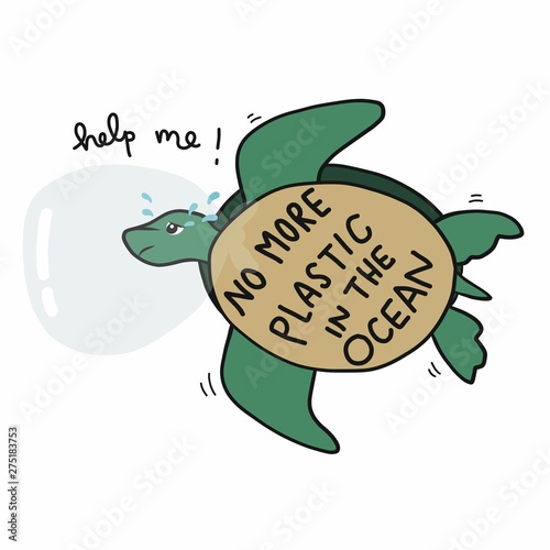 No more plastic in the ocean, sea turtles crying because plastic head struck in plastic bah and asking for help cartoon vector illustration doodle style