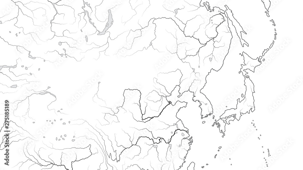 World Map of FAR EAST REGION: Japan, Korea, China, Manchuria, Siberia, Yakutia, Mongolia, Buryatia, Dzungaria, Huang-He and Yangtze River. Geographic chart with oceanic coastline and main rivers.