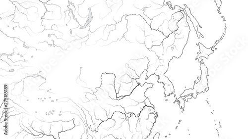 World Map of FAR EAST REGION: Japan, Korea, China, Manchuria, Siberia, Yakutia, Mongolia, Buryatia, Dzungaria, Huang-He and Yangtze River. Geographic chart with oceanic coastline and main rivers.