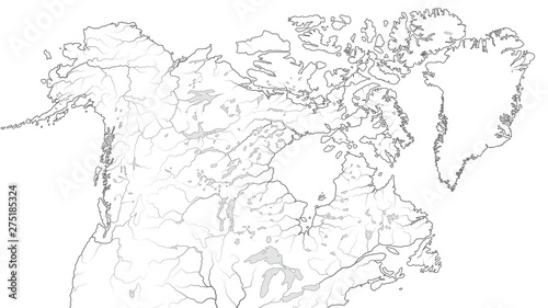 World Map of CANADA and NORTH AMERICA REGION: America, Alaska, Canada, Greenland, Labrador Peninsula, Arctic Archipelago, Great Lakes. Geographic chart with oceanic coastline, islands and rivers.