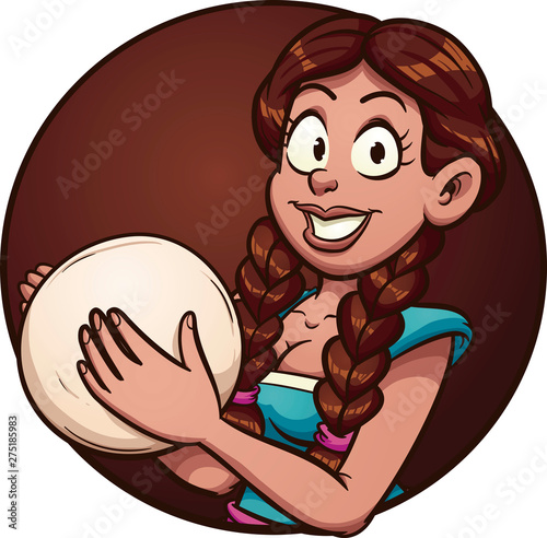 Mexican cartoon woman making tortillas coming out of a circle shaped hole clip art. Vector illustration with simple gradients. All in a single layer. 