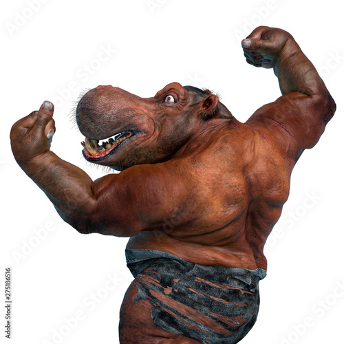 Photos big and fat hippopotamus mutant is doing a muscular pose in a white background