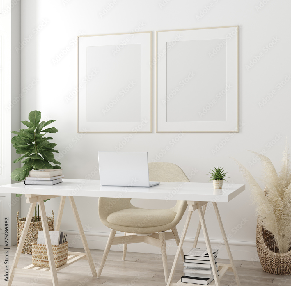 Poster mock up in home interior background, home office, Scandi-boho style, 3d render Poster mock up in home interior background, home office, Scandi-boho style, 3d render
