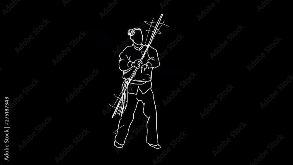 4K line drawing of a person doing some martial arts routine with a spear, white on black background that can be looped. 4K line drawing of a person doing some martial arts routine with a spear, white on black background that can be looped.
