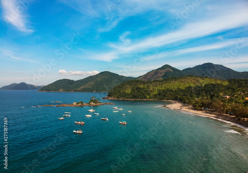 Aerial view of Castelhanos beach in Ilhabela Island, Sao Paulo, Brazil