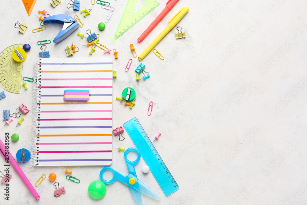 Different school stationery on light background Different school stationery on light background